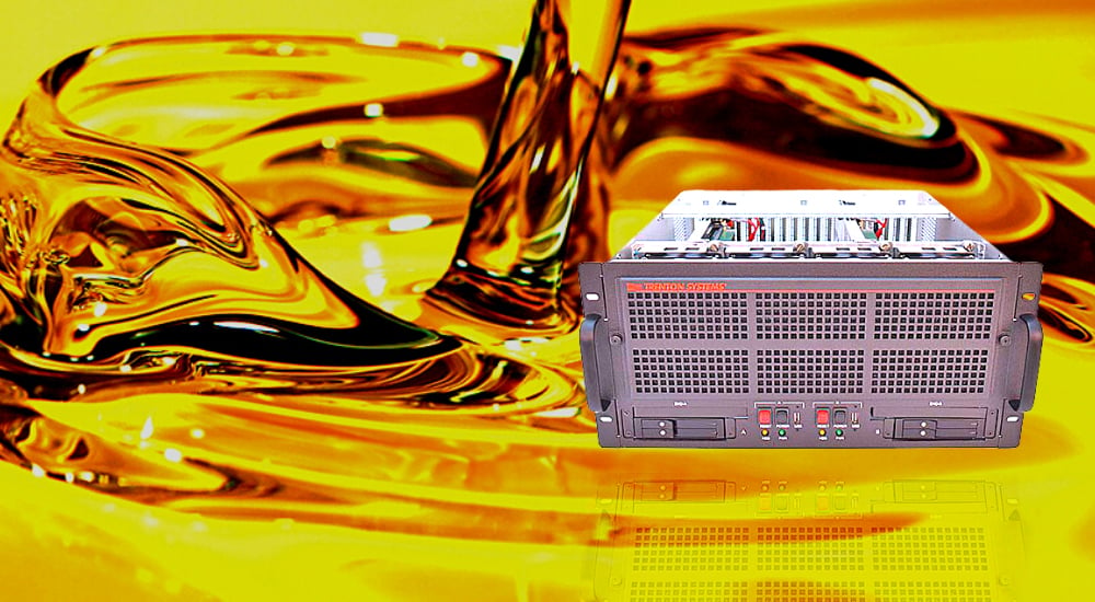 Trenton Systems 5U Rugged Server superimposed over an oil splash